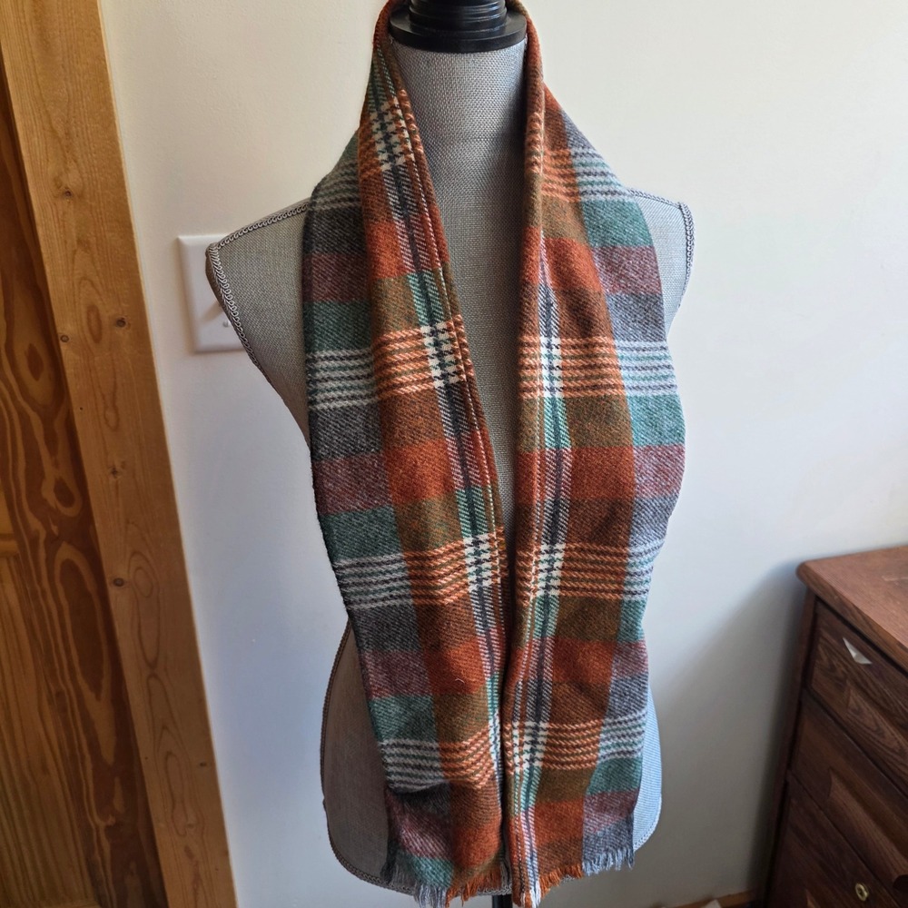 Vintage Plaid Scarf Mens Burnt Orange Green Grey Check Frayed Edge Autumn Winter